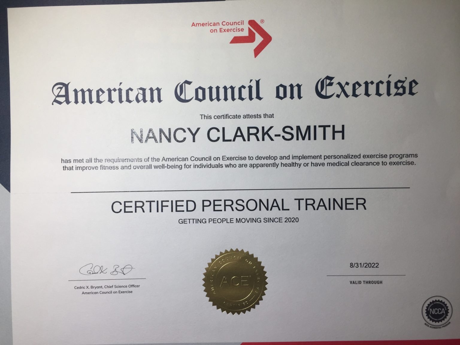 Nancy Smith ACE certificate KEV S GYM